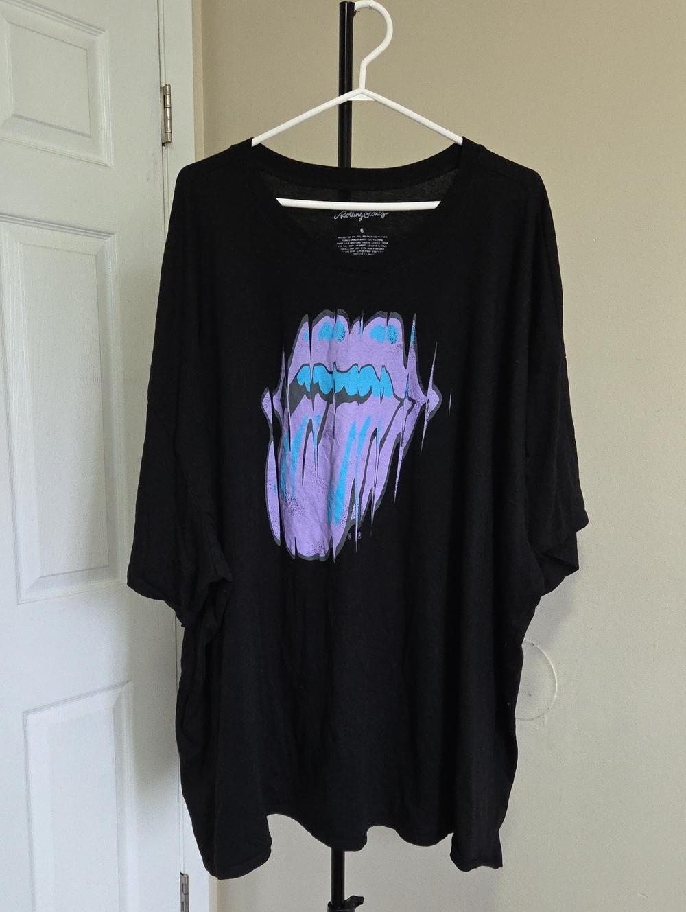 the Rolling Stones Plus Size Women’s Black Tee with Purple & Teal Lip Graphic